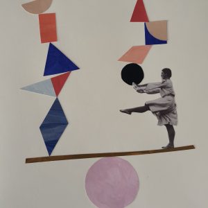 Без назива, колаж и комбинована техника на папиру, 42х30 цм, 2025.