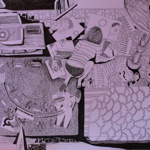 Питање надахнућа - нема везе, имаш посао, фајнлајнер на папиру, 50x70 цм, 2024.