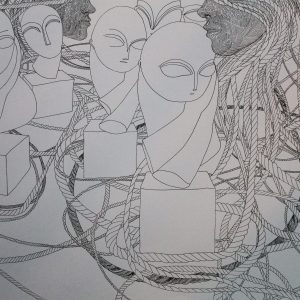 Сећање на госпођицу Погани, фајнлајнер на папиру, 50x70 цм, 2025.